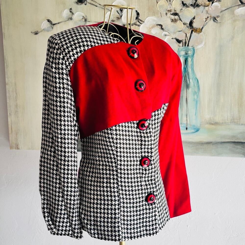 80s Custom Houndstooth Colorblock Blazer Red Black White Statement Jacket